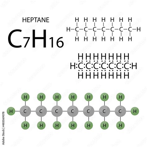 Heptane, organic chemical compound, molecule. Stick model, structural formula, electronic ...