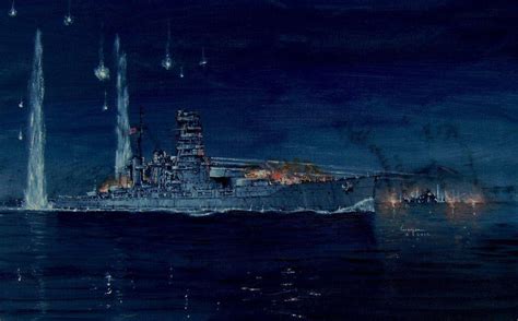 'Under Fire'. The Japanese battleship Kirishima under fire at Night Battle of Guadalcanal in Nov ...