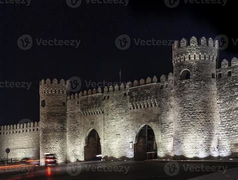 Old city fortress gates landmark in downtown Baku Azerbaijan at night ...