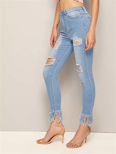 Fringe Hem Ripped Skinny Jeans | SHEIN USA