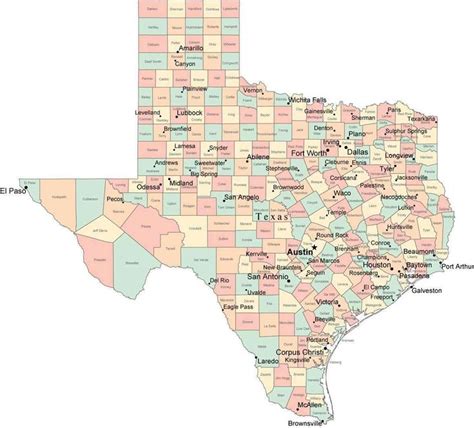 Multi Color Texas Map with Counties, Capitals, and Major Cities | Texas county map, Texas map ...