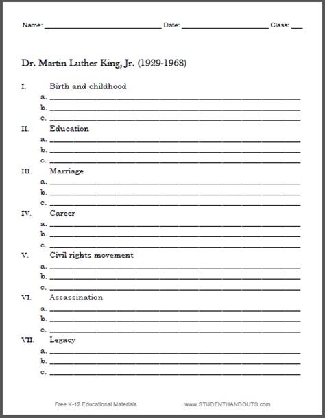 Martin Luther King Biography Outline Worksheet | Student Handouts