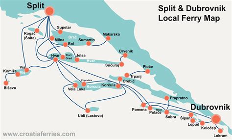 a map of split and dubrownik local ferry maps