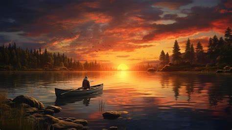 Premium AI Image | Fisher's Fishing Sunset Over the Lake