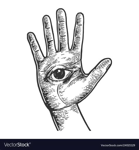 Eye on human palm sketch engraving Royalty Free Vector Image