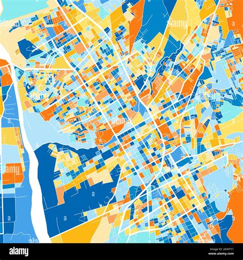 Color art map of Huancayo, Peru, Peru in blues and oranges. The color ...