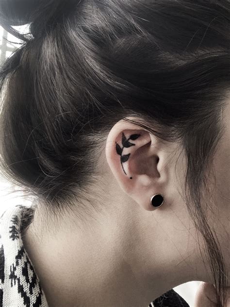 Inner ear tattoo - small leaf black on cartilage minimalist simple ...