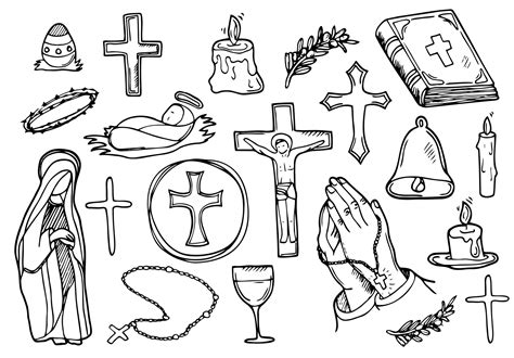 Christian Religion doodle icon set. Christianity Vector illustration collection. Cross and ...