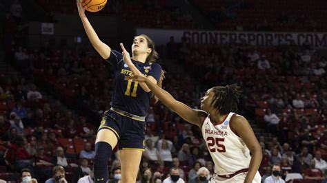 Notre Dame guard Sonia Citron (11) shoots a layup over Oklahoma guard Madi Williams (25) in the ...