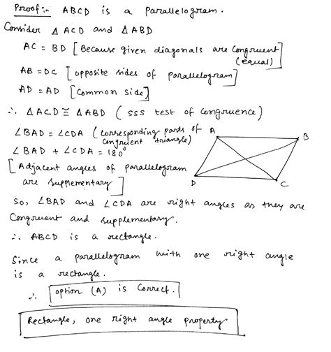 [Solved] The diagonals of parallelogram ABCD are congruent. Determine ...