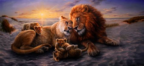 Lion Family Painting, Original Wall Art, Realistic Painting With Wild ...