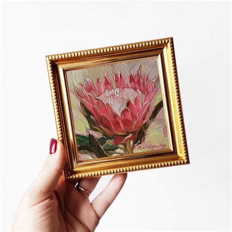 Protea Original Oil Painting Framed, Small Painting Pink Flowers, Unique Protea Wall Art, Floral ...