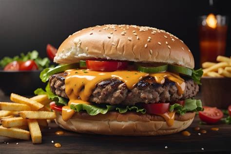 Premium AI Image | Grilled beef burger with fries cheese and tomato