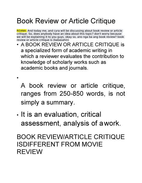 Book Review or Article Critique 2 - Book Review or Article Critique REANA: And today me, and ...