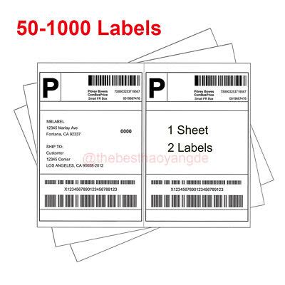 50-1000 Shipping Label 8.5 x 5.5 Half Sheet 2 Per Sheet Self Adhesive ...