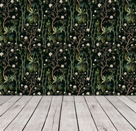 Wallpaper Dark Floral Botanical Wallpaper Green Peel and - Etsy