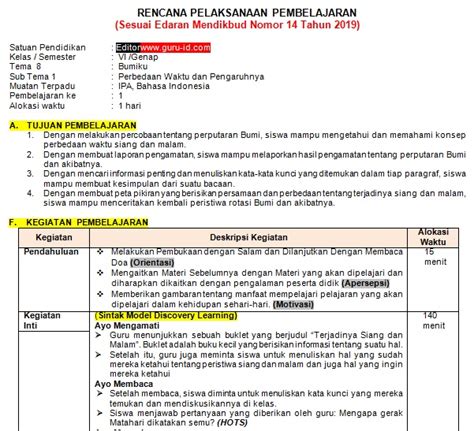 RPP 1 Lembar Kelas 1 2 3 4 5 6 Kurikulum 2013 Revisi 2020 - Info Pendidikan Terbaru