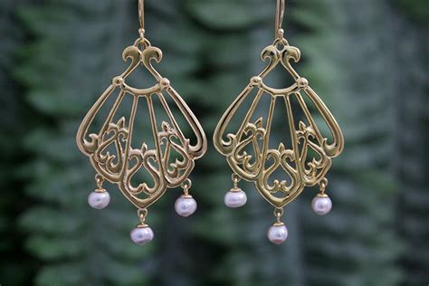 Asherah, Goddess of the Sea Chandelier Earrings in Rose Gold w/ Pearls