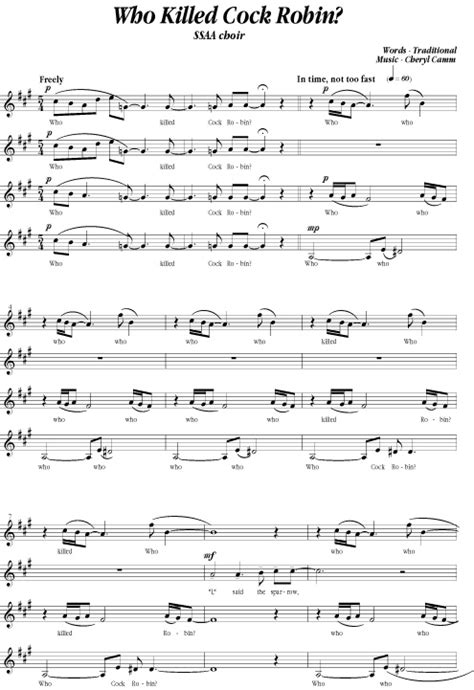 Who Killed Cock Robin? - Sheet music score musical notation by Cheryl Camm