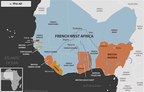 Historical map of West Africa, c. 1914, showing the European colonies: French West Africa ...