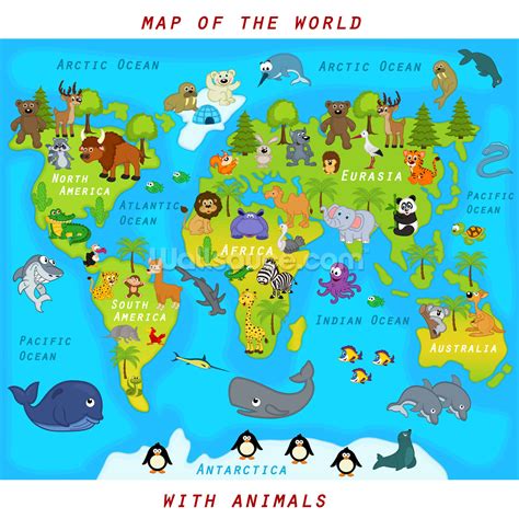 Map of the World with Animals Wallpaper | Wallsauce UK