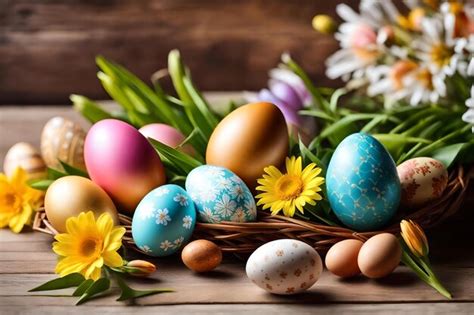 Premium AI Image | Easter eggs in a nest with flowers and flowers