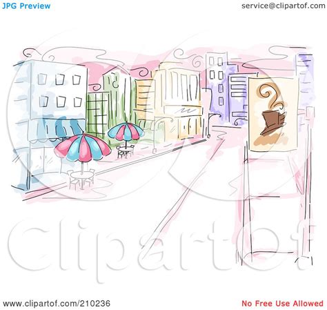 Royalty-Free (RF) Clipart Illustration of a Watercolor And Sketched Urban Sidewalk Cafe Scene by ...