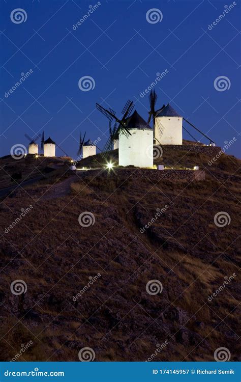 Windmills at Night, Consuegra, Castile-La Mancha, Spain Stock Image - Image of quijote, western ...