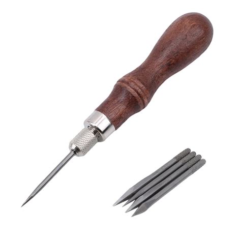 4 In 1 Sewing Awl Needles DIY Wood Handle Leather Stitching Awl Sewing ...