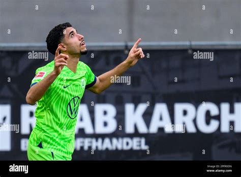 Wolfsburg's Omar Marmoush celebrates scoring, during the Bundesliga ...