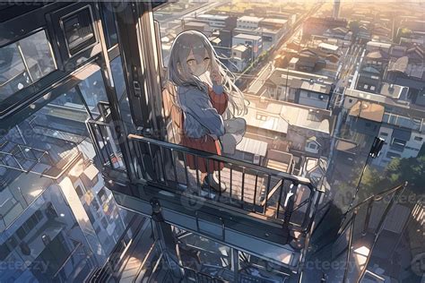 anime scene of a woman standing on a balcony with a view of a city ...