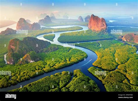 Aerial view of Phang Nga bay with mountains at sunrise in Thailand ...