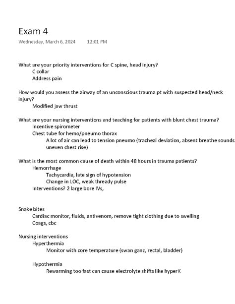 NUR 445 Exam 4 review - What are your priority interventions for C spine, head injury? C collar ...