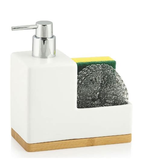 Soap Dispenser with Sponge Holder White Ceramic and Bamboo