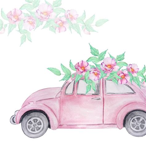 Watercolor Pink Retro Car, Wedding Clipart, Summer Clip Art, Pink Car ...