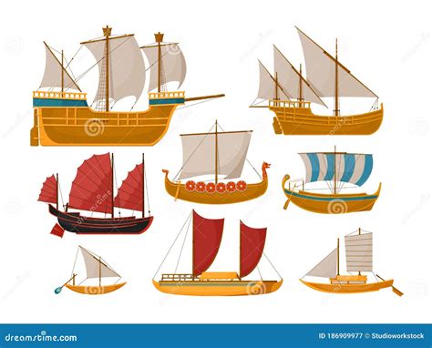 Sailboat Set with Sea Vessel and Ocean Ship Side Stock Vector - Illustration of flag, cartoon ...