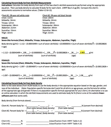 Solved Calculating Percent Body Fat from Skinfold | Chegg.com