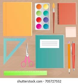 School Supplies On Wooden Work Table Stock Illustration 705727552 | Shutterstock