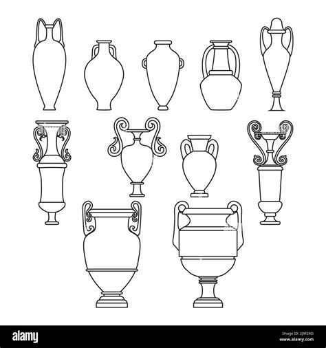 Outline set sketch of ceramic vases. Tall ancient Greek, Roman jar with two handles and a narrow ...