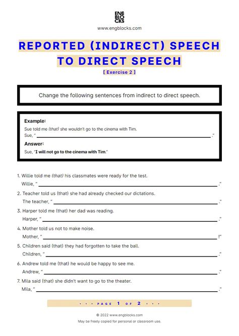 Reported (indirect) speech to Direct Speech — Exercise 2 | ESL Worksheets