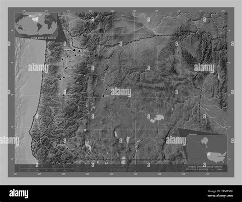 Oregon, state of United States of America. Grayscale elevation map with lakes and rivers ...