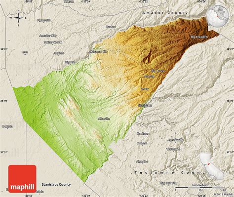 Physical Map of Calaveras County, shaded relief outside