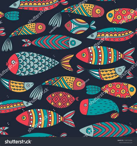 Seamless pattern with fishes. Hand drawn undersea world. Colorful artistic background. Aquarium ...