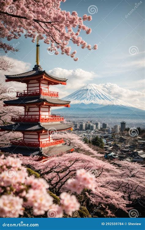 Mt Fuji and Cherry Blossom at Kawaguchiko Lake in Japan Stock Illustration - Illustration of ...