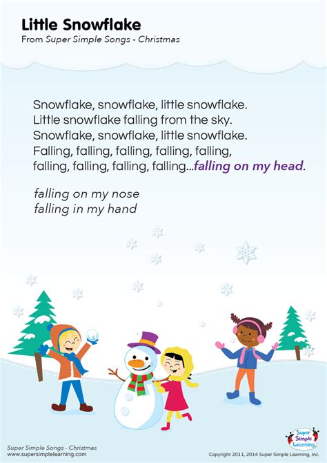 Free Little Snowflake Lyrics Poster from Super Simple Learning | Snowflake song, Preschool songs ...