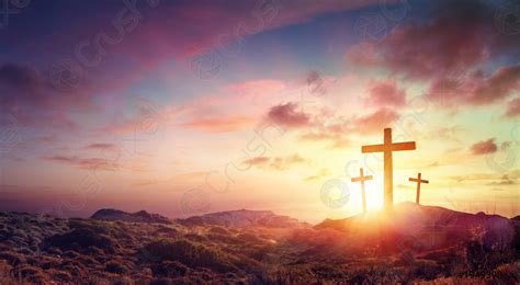 Crucifixion Of Jesus Christ Three Crosses On Hill At Sunset - stock ...