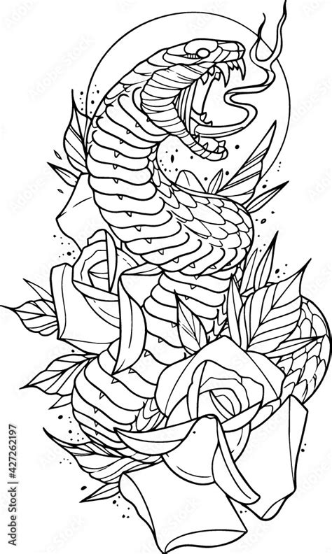 Snake with Roses Tattoo Stencil Vector Stamp Illustration Coloring ...