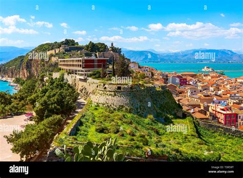 Old town aerial panorama with sea in Nafplio or Nafplion, Greece ...