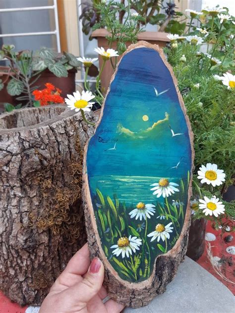 Original landscape painting, Seascape painted wood, Daisy painted on wood, Wood slice painting ...