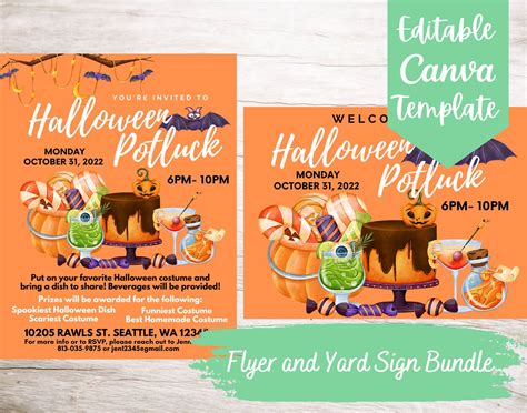 Editable and Printable Halloween Potluck Flyer and Yard Sign Template Bundle, Instant Download ...